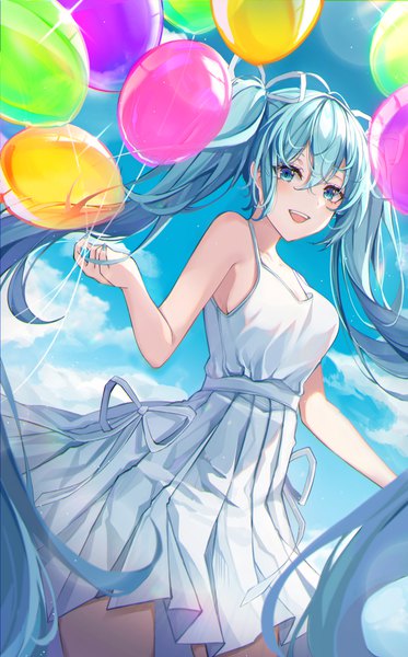 Anime picture 3244x5215 with vocaloid hatsune miku yulha 06 single long hair tall image looking at viewer blush fringe highres breasts open mouth smile hair between eyes twintails absurdres sky cloud (clouds) outdoors :d
