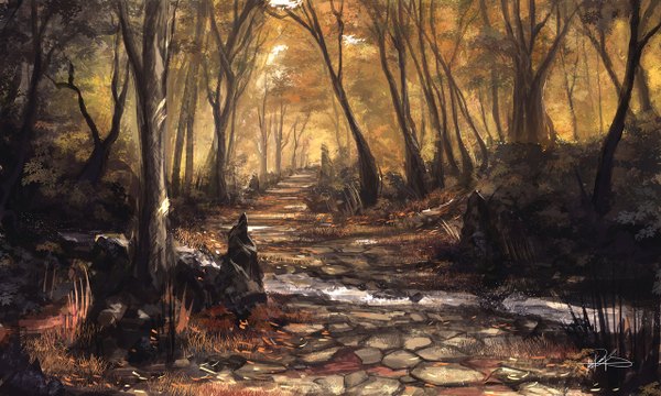Аниме картинка 1280x768 с ninjatic широкое изображение подписанный без людей пейзаж река осень природа растение (растения) дерево (деревья) вода лес камень (камни)