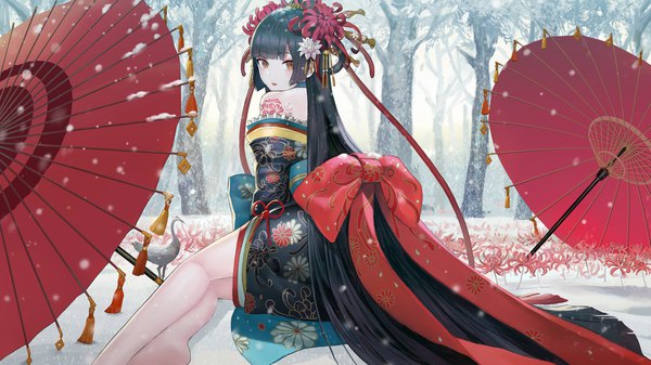 Anime picture 2047x1151 with onmyoji higanbana (onmyoji) canking single looking at viewer blush fringe highres black hair wide image sitting brown eyes bent knee (knees) outdoors blunt bangs very long hair traditional clothes japanese clothes looking back barefoot