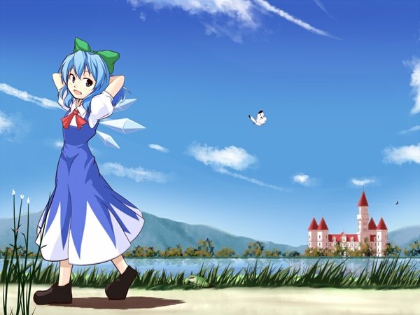 Anime picture 1024x768 with touhou cirno tsuyuki (yukitgraph) short hair blue eyes blue hair sky cloud (clouds) mountain walking lake girl dress ribbon (ribbons) plant (plants) wings insect butterfly grass ice