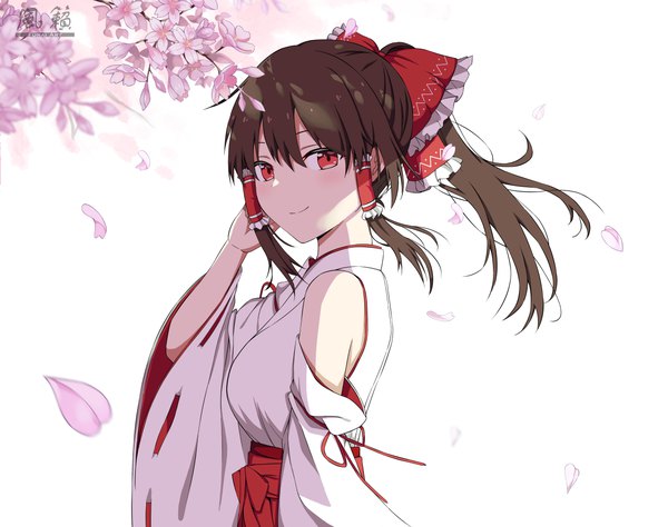Anime picture 3800x3000 with touhou hakurei reimu furai art single long hair looking at viewer fringe highres smile hair between eyes red eyes brown hair absurdres upper body ponytail traditional clothes japanese clothes alternate costume cherry blossoms turning head