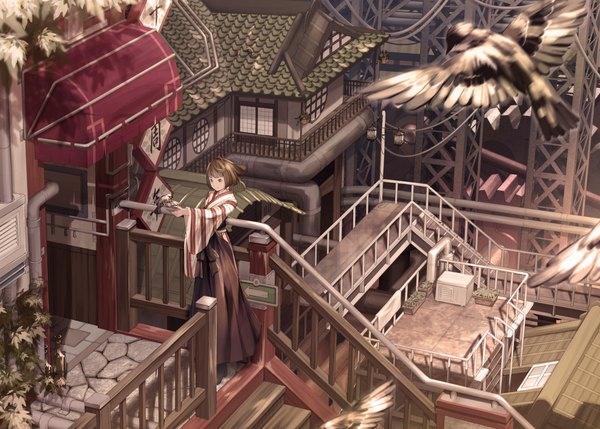 Anime picture 4161x2976 with original miya-ki (miya key) single highres short hair brown hair standing brown eyes looking away absurdres traditional clothes japanese clothes outstretched arm striped scenic architecture bob cut east asian architecture meiji schoolgirl uniform girl
