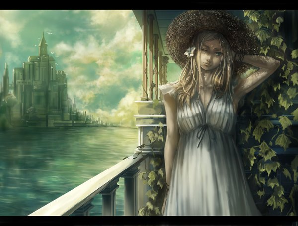 Anime picture 2553x1943 with original koukyou long hair looking at viewer highres blue eyes blonde hair one eye closed hair flower wink hand on head scenic lake girl hair ornament hat animal bird (birds) sundress straw hat