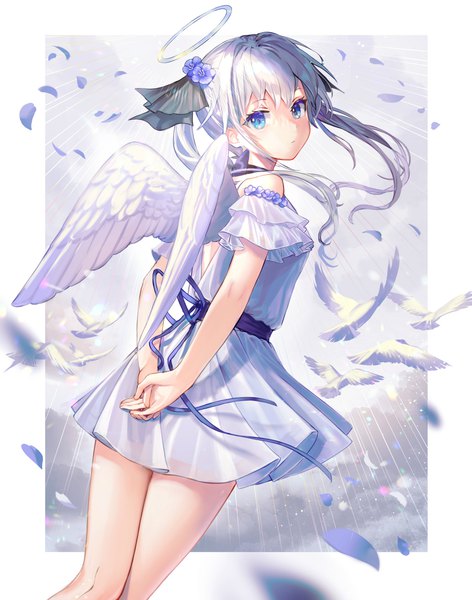 Anime picture 1322x1680 with original maica sunahara single long hair tall image looking at viewer fringe blue eyes standing twintails silver hair looking back hair flower wind from behind blurry off shoulder border hands behind back angel wings