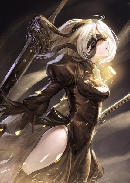 Anime picture 914x1280 with nier nier:automata yorha no. 2 type b ecien single tall image short hair light erotic ahoge white hair parted lips profile wind puffy sleeves cleavage cutout blindfold girl thighhighs dress underwear