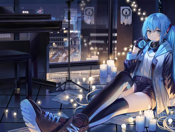 Anime picture 1500x1134 with vocaloid hatsune miku dr poapo single long hair looking at viewer blush fringe hair between eyes sitting twintails payot indoors long sleeves aqua eyes aqua hair open jacket crossed legs city light