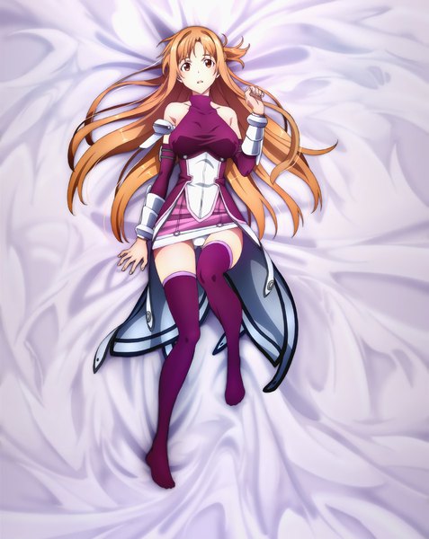 Anime picture 1527x1920 with sword art online a-1 pictures yuuki asuna single long hair tall image open mouth light erotic brown hair bare shoulders brown eyes full body lying on back pantyshot no shoes dakimakura (medium) girl thighhighs dress
