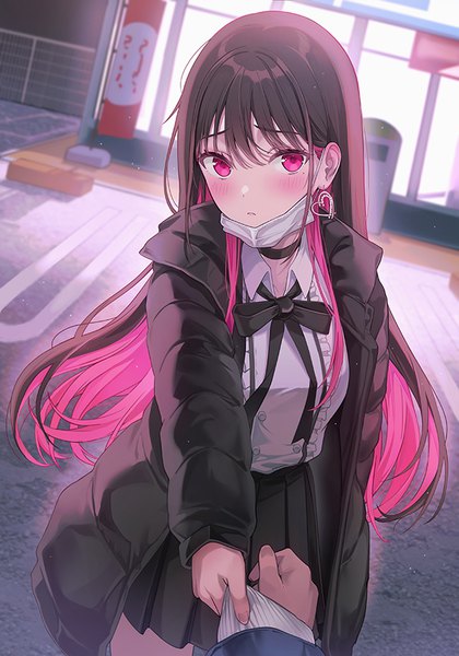 Anime picture 630x900 with original rangu long hair tall image looking at viewer blush fringe black hair hair between eyes standing pink hair outdoors long sleeves head tilt pleated skirt pink eyes multicolored hair mole open jacket two-tone hair