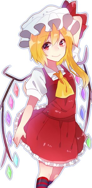 Anime picture 501x1024 with touhou flandre scarlet renka (sutegoma25) single long hair tall image blush short hair simple background blonde hair smile red eyes white background looking away arm behind head girl skirt wings socks bonnet