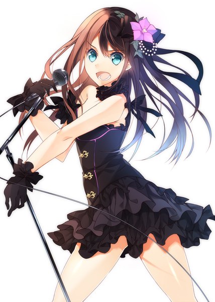 Anime picture 888x1245 with idolmaster idolmaster cinderella girls shibuya rin kureaki (exit) single long hair tall image looking at viewer fringe open mouth simple background smile hair between eyes brown hair standing white background bare shoulders holding :d hair flower