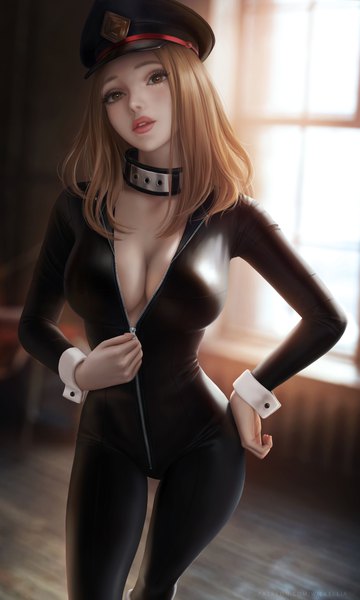 Anime picture 3900x6500 with boku no hero academia studio bones utsushimi kemii wickellia single long hair tall image blush highres breasts light erotic brown hair large breasts standing brown eyes signed looking away absurdres cleavage indoors