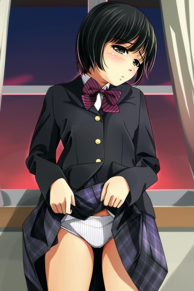 Anime picture 800x1200 with original matsunaga kouyou single tall image blush short hair light erotic black hair brown eyes looking away embarrassed skirt lift girl uniform underwear panties school uniform window bowtie white panties