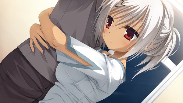 Anime picture 1280x720 with amairo islenauts yuzusoft hinomiya konoka muririn short hair red eyes wide image game cg white hair hug girl boy