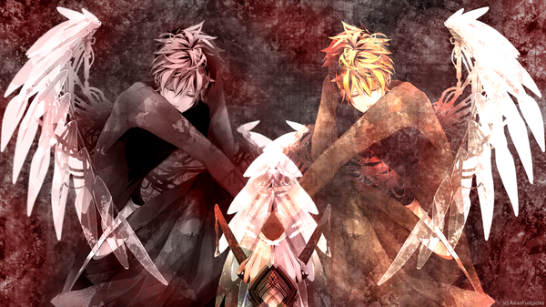 Anime picture 1366x768 with bleach studio pierrot kurosaki ichigo short hair blonde hair wide image sitting eyes closed orange hair crossed arms boy weapon sword wings katana