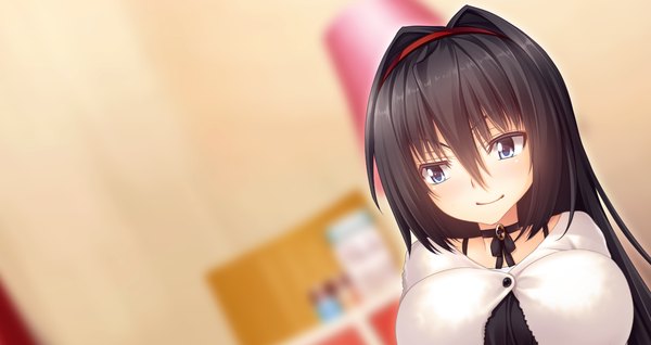 Anime picture 1357x720 with gleam garden no shoujo izumi sakurako char single long hair blue eyes black hair smile wide image looking away game cg girl hairband