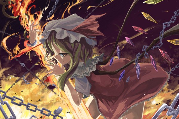 Anime picture 1600x1067 with touhou flandre scarlet sorano eika single looking at viewer short hair blonde hair smile red eyes girl dress hat sword wings chain bonnet crystal hat ribbon flame