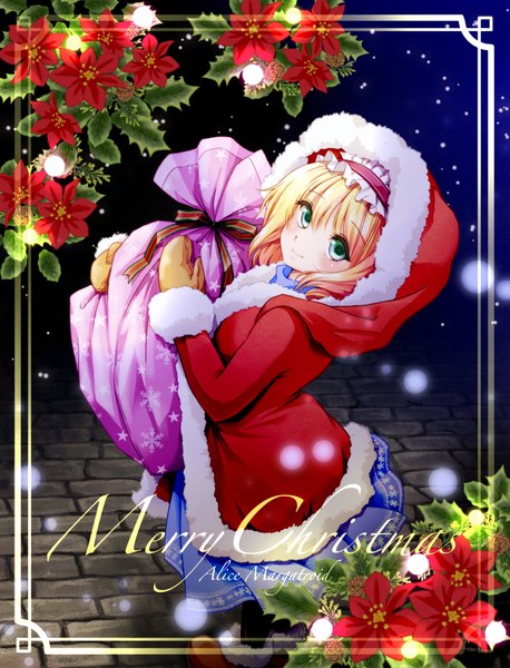 Anime picture 1500x1964 with touhou alice margatroid urufu single tall image looking at viewer blush fringe short hair blue eyes blonde hair head tilt light smile inscription night night sky fur trim snowing christmas merry christmas