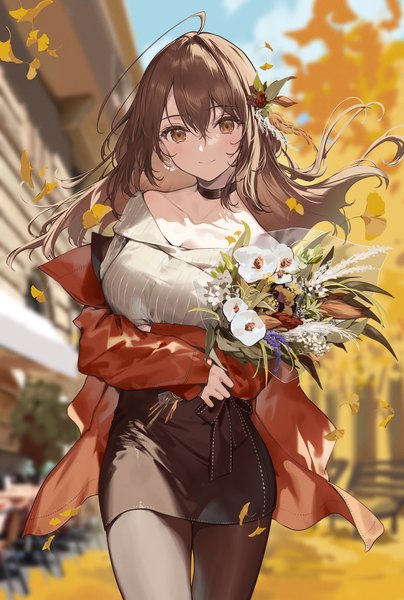 Anime picture 1500x2225 with original necomi (gussan) single long hair tall image looking at viewer fringe smile hair between eyes brown hair standing bare shoulders brown eyes ahoge outdoors wind blurry off shoulder depth of field autumn