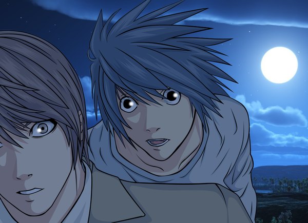 Anime picture 1000x725 with death note madhouse yagami light l (death note) flowerinhell short hair open mouth brown hair brown eyes blue hair cloud (clouds) black eyes night sky boy full moon