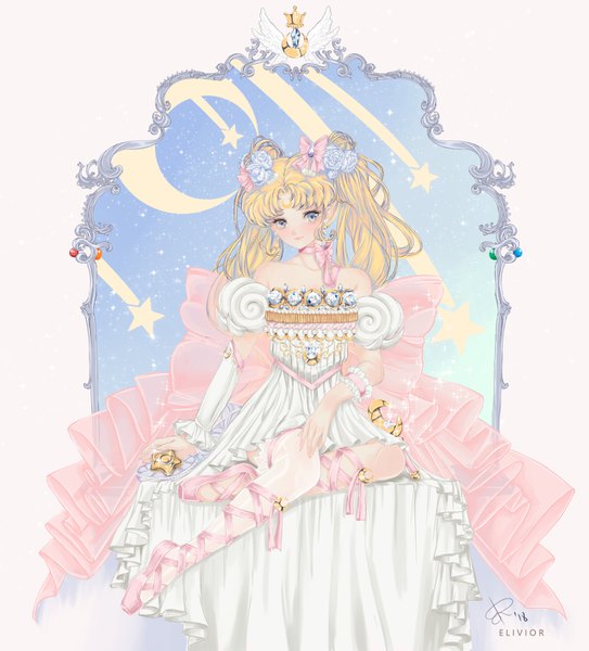 Anime picture 1275x1407 with bishoujo senshi sailor moon toei animation tsukino usagi princess serenity elivior single long hair tall image looking at viewer fringe blue eyes blonde hair white background sitting twintails bare shoulders signed full body bent knee (knees) hair flower