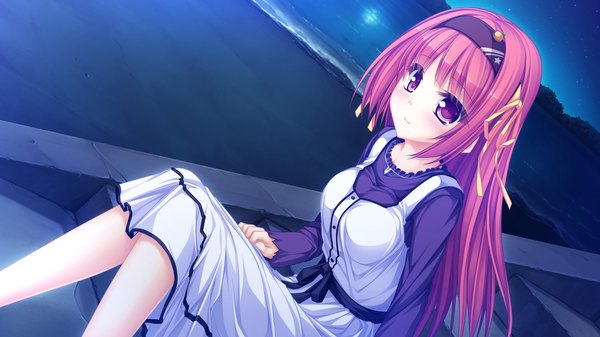 Anime picture 1920x1080 with usotsuki ouji to nayameru ohime-sama kurimiya mikan tenmaso long hair blush highres wide image purple eyes game cg purple hair light smile night girl dress hairband