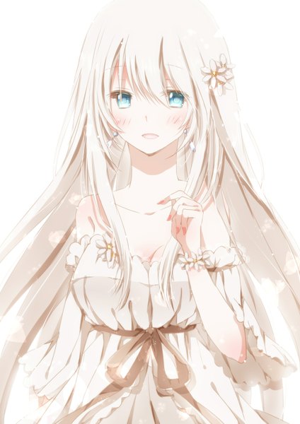 Anime picture 1158x1637 with original hiro (hirohiro31) single long hair tall image looking at viewer blush open mouth blue eyes simple background white background white hair girl dress hair ornament