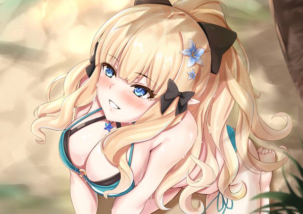 Anime picture 2047x1447 with princess connect! re:dive princess connect! saren (princess connect!) kuutamo single long hair blush fringe highres breasts blue eyes light erotic blonde hair smile large breasts payot looking away full body bent knee (knees) outdoors