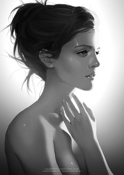 Anime picture 1280x1810 with real life emma watson tom skender single long hair tall image open mouth light erotic black hair simple background bare shoulders looking away profile light smile realistic grey background monochrome light girl