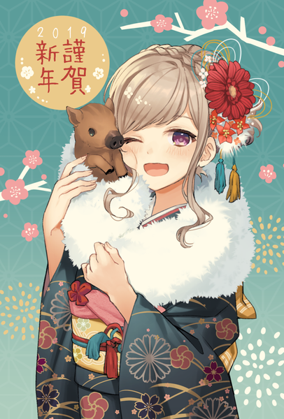 Anime picture 745x1100 with original taranbo single long hair tall image looking at viewer blush open mouth brown hair purple eyes traditional clothes japanese clothes ;d new year animal on shoulder 2019 nengajou zodiac chinese zodiac pig (chinese zodiac)