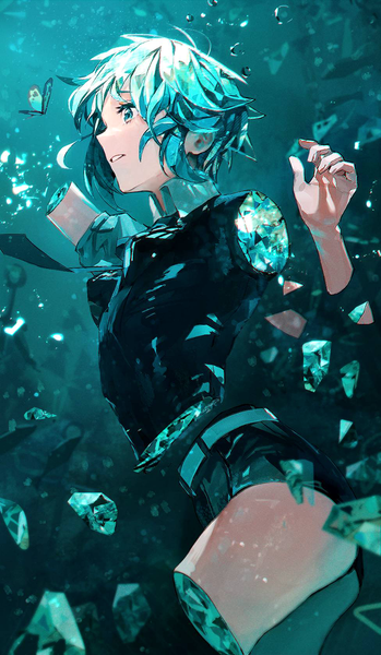 Anime picture 976x1678 with houseki no kuni phosphophyllite idoukunn single tall image short hair looking away profile aqua eyes aqua hair androgynous amputee uniform insect butterfly debris