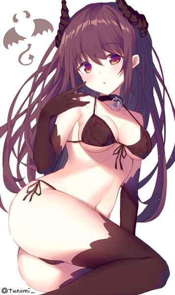 Anime picture 612x1032 with original tsuzaki tsunomi single long hair tall image looking at viewer blush fringe breasts light erotic simple background hair between eyes red eyes brown hair white background sitting signed payot cleavage ass