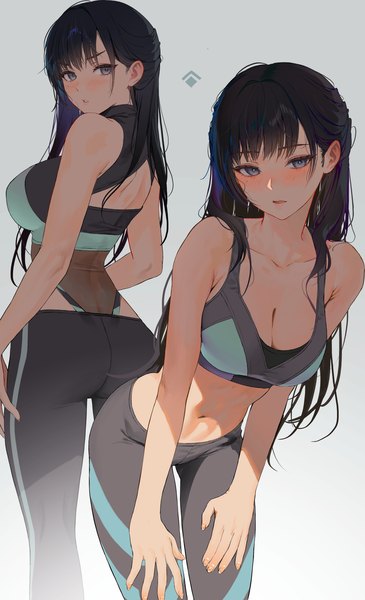 Anime picture 2125x3496 with original tokkihouse long hair tall image blush fringe highres breasts open mouth blue eyes light erotic black hair simple background large breasts standing bare shoulders looking away cleavage ass blunt bangs