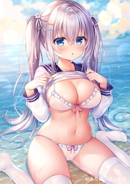 Anime picture 600x850 with original mitsuba choco single long hair tall image looking at viewer blush fringe breasts blue eyes light erotic hair between eyes large breasts sitting twintails payot sky cleavage silver hair cloud (clouds)