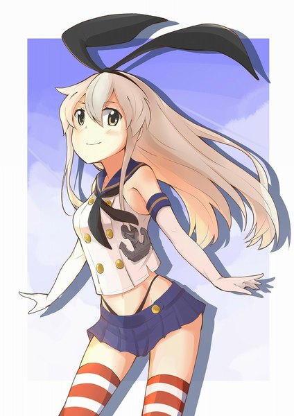 Anime picture 723x1024 with kantai collection shimakaze destroyer yagara (artist) single long hair tall image looking at viewer light erotic blonde hair smile spread arms girl thighhighs skirt gloves ribbon (ribbons) hair ribbon elbow gloves striped thighhighs blue skirt