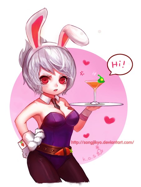 Anime picture 1671x2213 with league of legends riven (league of legends) battle bunny riven songjikyo single tall image blush short hair breasts red eyes bare shoulders animal ears silver hair tail animal tail bunny ears hand on hip fake animal ears bunny girl chibi