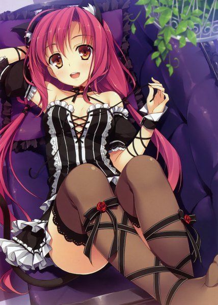 Anime picture 2172x3044 with yuuki hagure long hair tall image highres open mouth light erotic twintails bare shoulders animal ears cleavage red hair animal tail cat ears cat girl orange eyes girl thighhighs ribbon (ribbons) black thighhighs couch