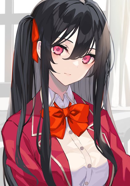 Anime picture 3500x5000 with original takehana note single long hair tall image looking at viewer blush fringe highres black hair hair between eyes payot absurdres upper body pink eyes open clothes two side up expressionless girl uniform