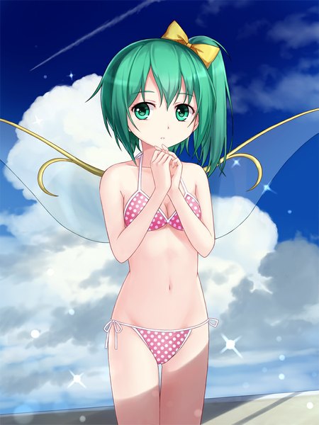 Anime picture 810x1080 with touhou daiyousei tucana single tall image short hair green eyes looking away sky cloud (clouds) green hair one side up polka dot girl navel bow swimsuit hair bow bikini wings