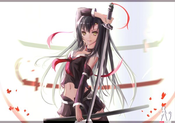 Anime picture 1308x921 with original wangchuan de quanyan single long hair looking at viewer black hair holding yellow eyes girl thighhighs navel weapon black thighhighs detached sleeves miniskirt sword katana insect butterfly