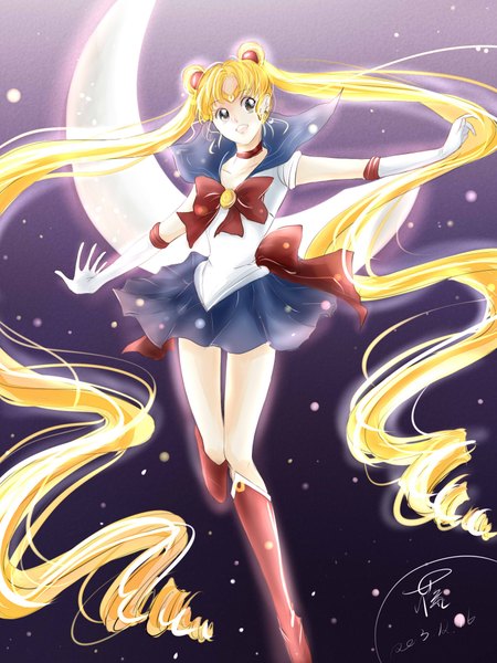 Anime picture 1500x2000 with bishoujo senshi sailor moon toei animation tsukino usagi sailor moon tagme (artist) single tall image blonde hair smile twintails looking away very long hair grey eyes hair bun (hair buns) drill hair spread arms crescent space girl skirt