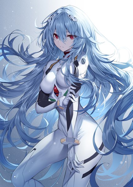 Anime picture 836x1180 with neon genesis evangelion rebuild of evangelion evangelion: 3.0+1.0 thrice upon a time gainax ayanami rei heirou single tall image looking at viewer fringe hair between eyes red eyes blue hair very long hair holding arm girl bodysuit pilot suit