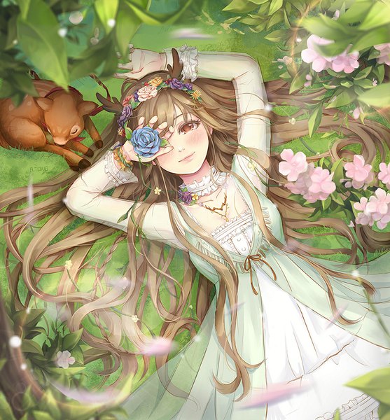 Anime picture 900x970 with miracle nikki deer elf (miracle nikki) a.tong single long hair tall image looking at viewer blush fringe smile brown hair holding brown eyes payot outdoors lying horn (horns) from above on back depth of field