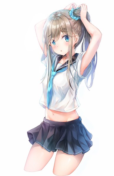 Anime-Bild 3000x4644 mit original dana (hapong07) single long hair tall image looking at viewer blush fringe highres breasts open mouth blue eyes simple background hair between eyes brown hair standing white background pleated skirt arms up :o