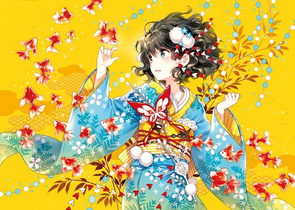 Anime picture 1200x855 with original nardack single blush short hair black hair looking away traditional clothes japanese clothes grey eyes curly hair seigaiha girl hair ornament animal kimono obi fish (fishes)