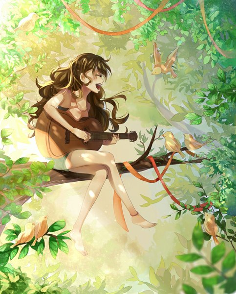 Anime picture 824x1024 with original mon single long hair tall image fringe open mouth brown hair bare shoulders eyes closed barefoot sunlight bare legs no shoes crossed legs happy wavy hair singing girl ribbon (ribbons)