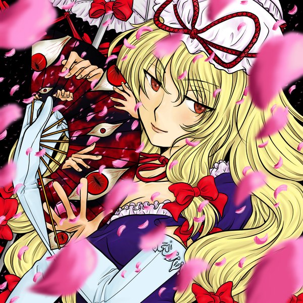 Anime picture 1300x1300 with touhou yakumo yukari hina (lady-hina) long hair blonde hair red eyes eyes girl fan