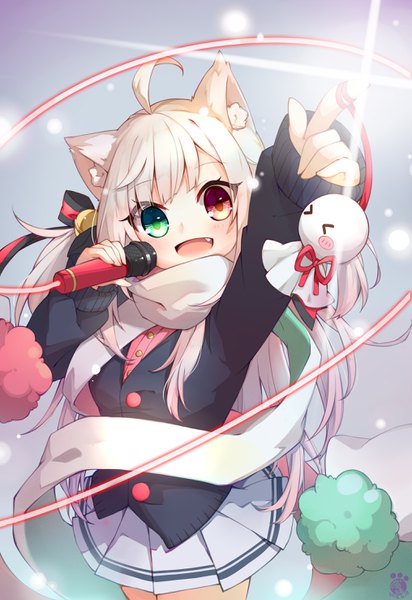 Anime picture 2031x2952 with original mao mao xu hinata8281 single long hair tall image looking at viewer highres open mouth blue eyes standing animal ears ahoge cat ears fang (fangs) heterochromia outstretched arm girl scarf microphone