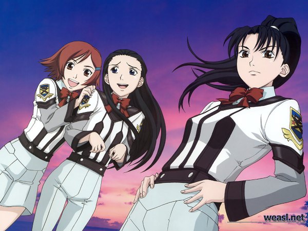 Anime picture 1280x960 with gunparade march shibamura mai long hair looking at viewer fringe short hair open mouth blue eyes black hair brown hair standing multiple girls brown eyes ponytail black eyes evening happy sunset hand on another's shoulder hands on hips