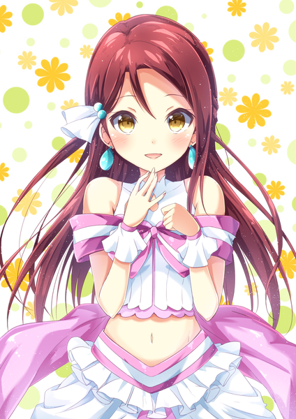 Anime picture 1414x2000 with love live! sunshine!! sunrise (studio) love live! sakurauchi riko mirai (macharge) single long hair tall image looking at viewer blush open mouth smile hair between eyes bare shoulders yellow eyes red hair :d midriff floral background girl
