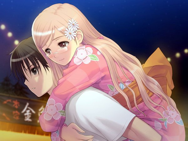 Anime picture 800x600 with fault!! hayama rika sugiyama shuuichi tony taka long hair blush fringe short hair black hair blonde hair smile hair between eyes brown eyes looking away game cg upper body outdoors traditional clothes parted lips japanese clothes